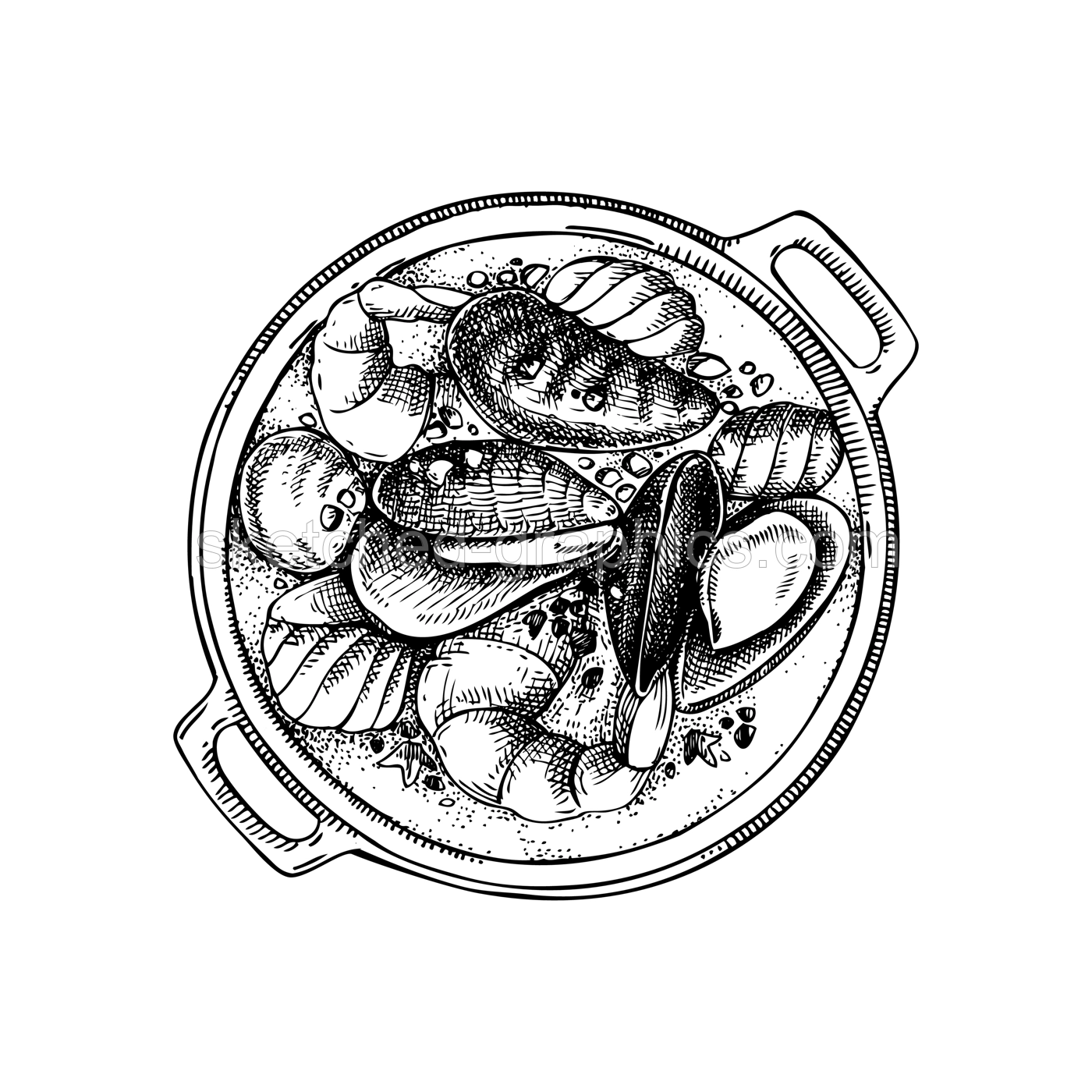 Bouillabaisse vintage drawing. Provence fish soup. Traditional food from France sketch. French restaurant menu design. Hand-drawn food illustration, NOT AI generated Illustration