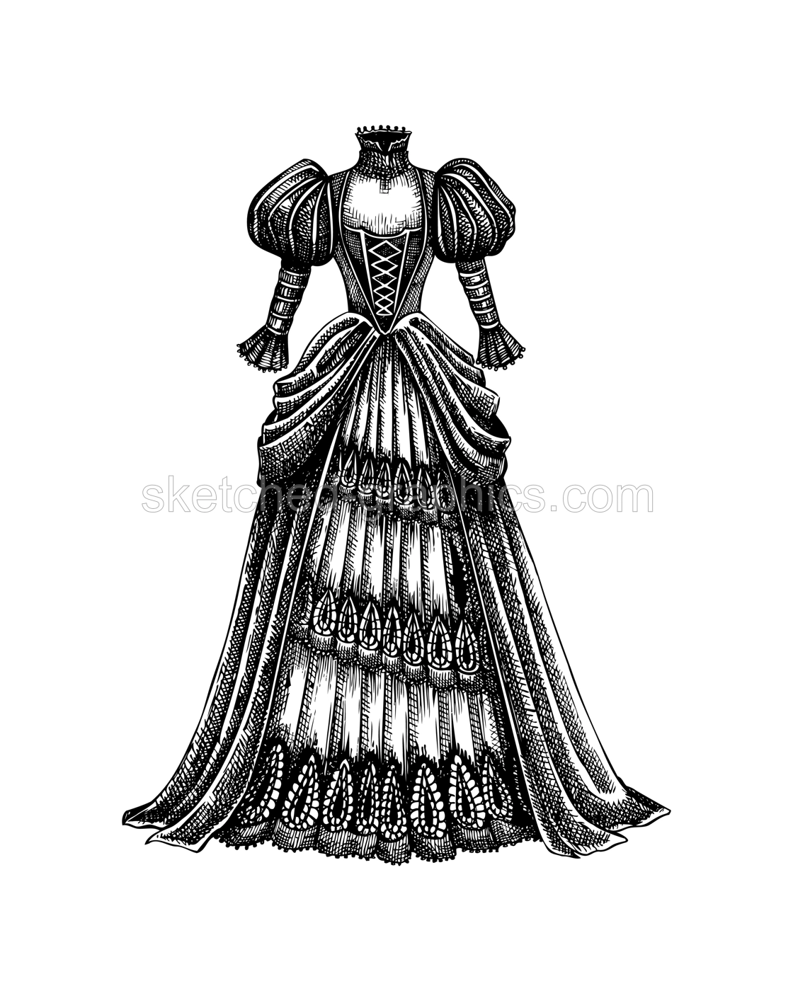 Victorian dress vector sketch. Romantic gothic fashion illustration. Halloween dress, Dark academia clothing. Hand drawn historical costume design. NOT AI generated Illustration