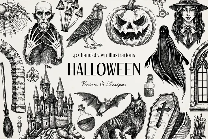Gothic Halloween Hand Drawn Vectors And Designs Bundle