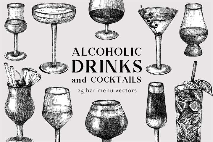 Alcoholic drinks and cocktails illustrations. Vector sketches for bar menu design. 