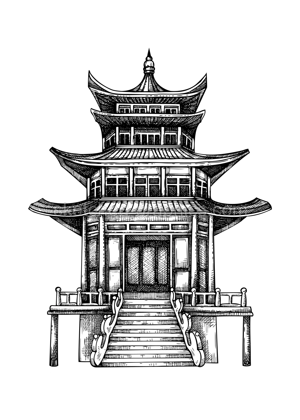 Vector Chinese architecture landmark. Pagoda sketch. Oriental building drawing. China hand drawn vector illustration. NOT AI-generated Illustration
