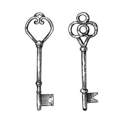 Decorative vintage keys drawings collection. Hand-sketched keys illustration. 