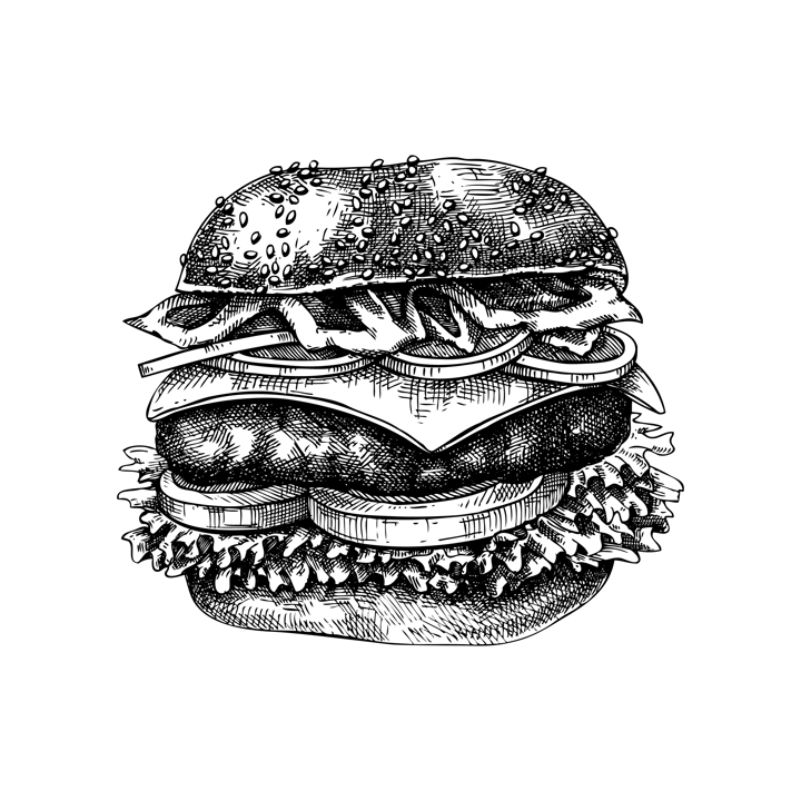 Cheeseburger sketch. Hand drawn vector illustration of burger. Fast food drawing in vintage style