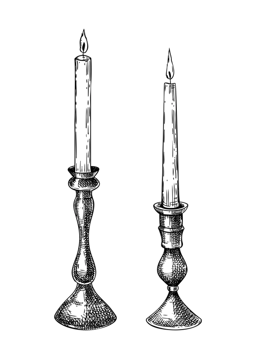Glass candle holders with burning candles sketch. Hand drawn vector illustration. Halloween design element. NOT AI generated