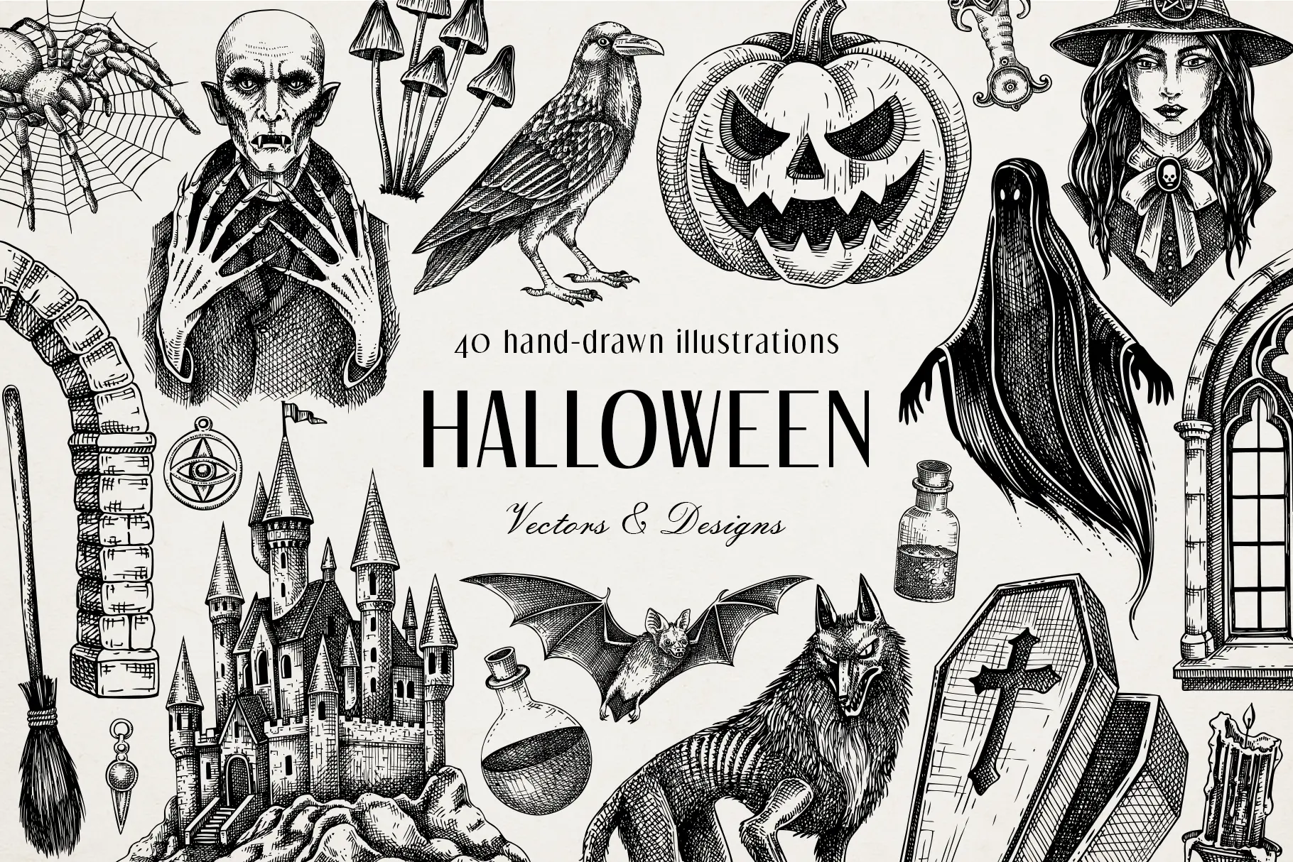 Gothic Halloween Hand Drawn Vectors And Designs Bundle Illustration