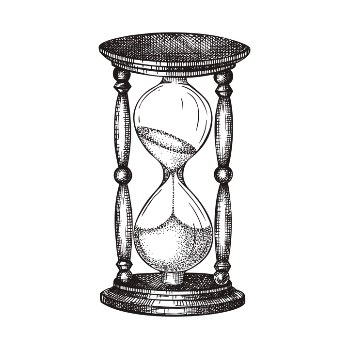 Hand sketched hourglass illustration. Vector drawing of sandglass in vintage style. Sketched wooden sandglasses for time, deadline theme or retro design isolated on white.