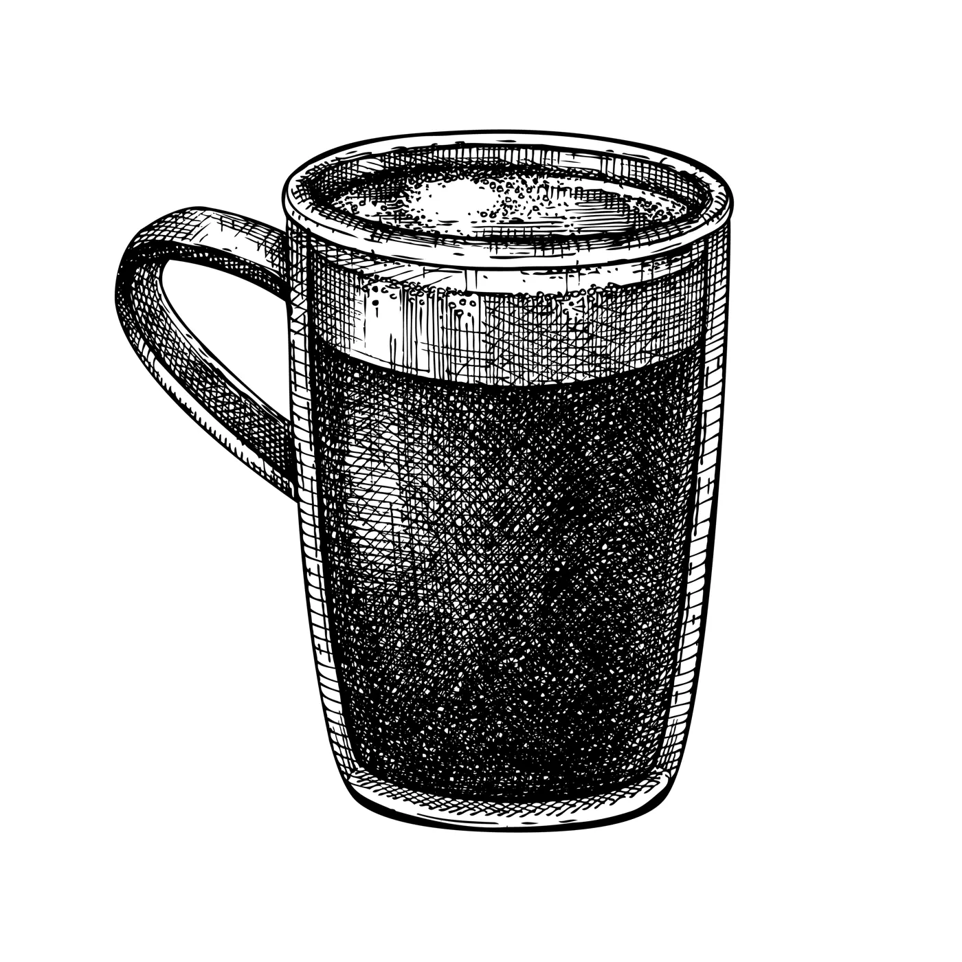  Morning coffee cup - hand-sketched illustration. Vector sketch of  mug with aromatic americano coffee. Hot drink hand-drawing isolated on white background Illustration