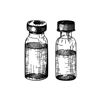 Hand sketched medical bottles with vaccine. Vaccine against different kinds of viruses. Covid-19 corona virus vaccination sketches. Glass bottles isolated on white background