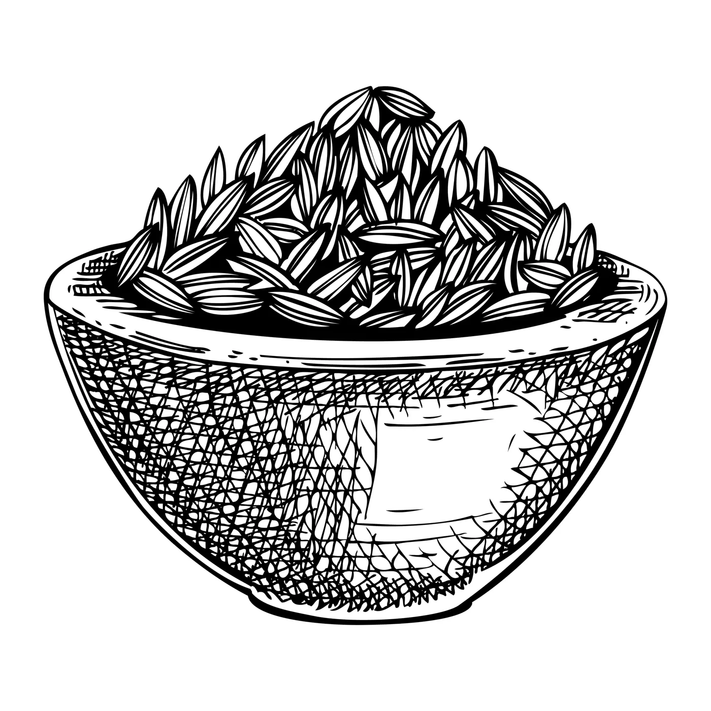 Cumin seeds in bowl sketch. Kitchen spice drawing. Middle Eastern herbs and spices hand-drawn vector illustration. NOT AI genereted Illustration