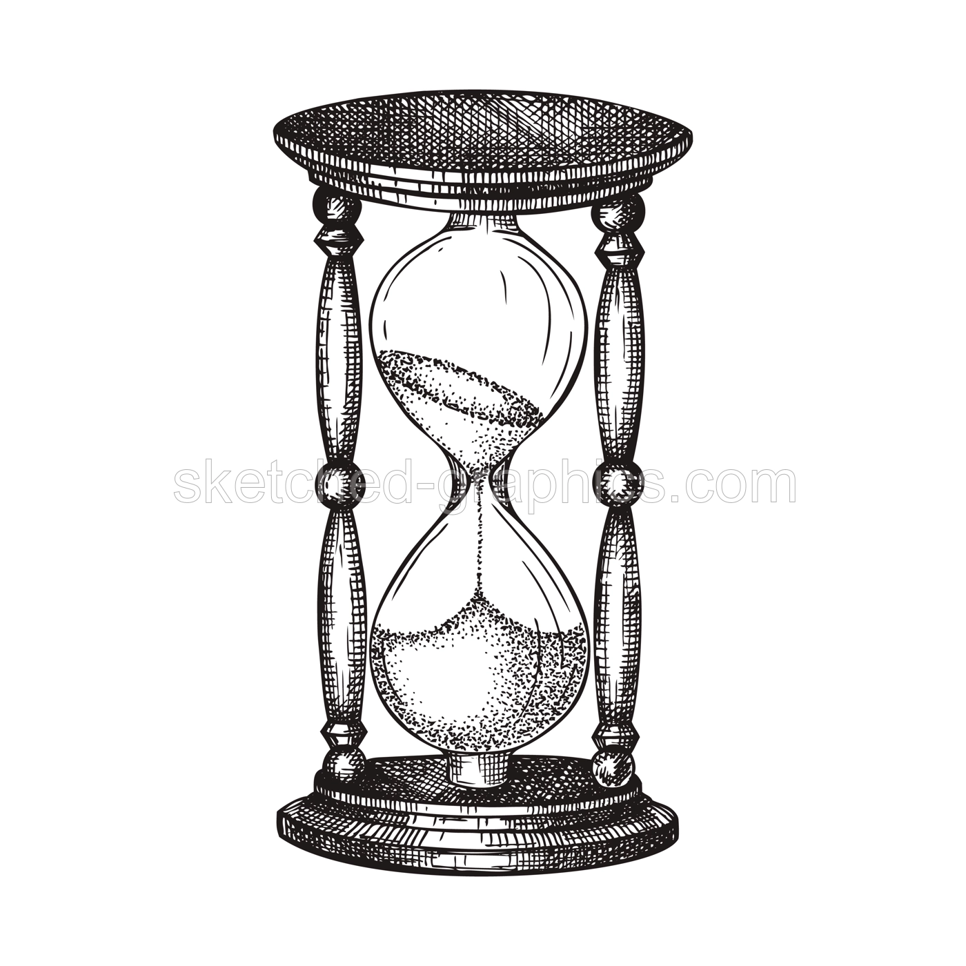Hand sketched hourglass illustration. Vector drawing of sandglass in vintage style. Sketched wooden sandglasses for time, deadline theme or retro design isolated on white. Illustration