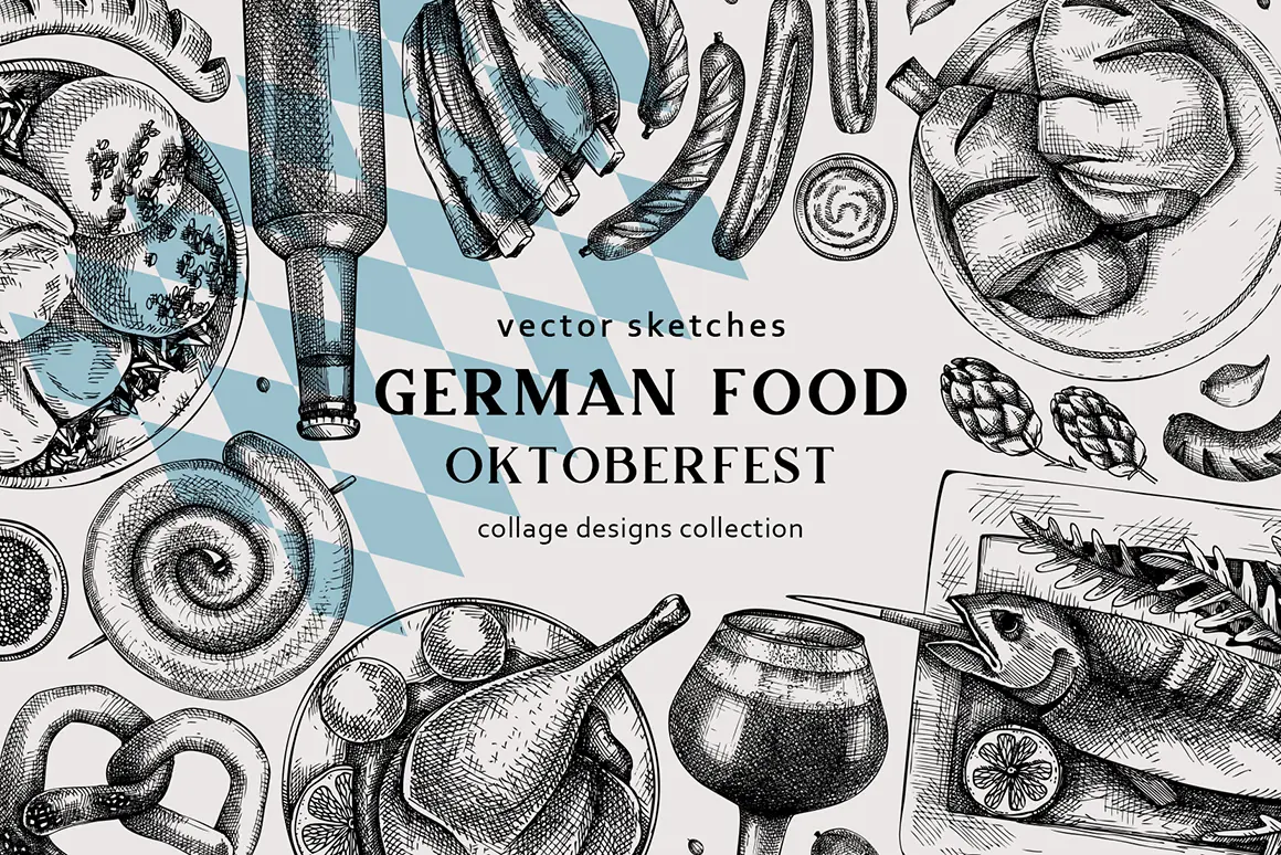 German food vector sketches. Oktoberfest designs bundle.  Illustration