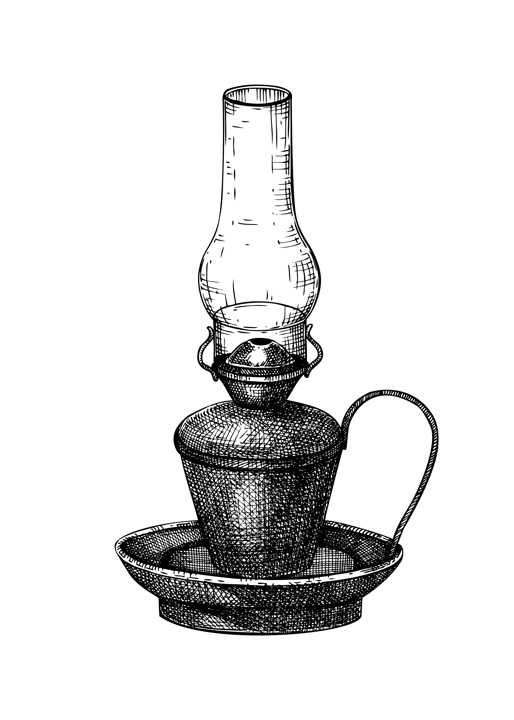 Kerosene lamp sketch. Vintage oil lantern for Halloween, witchcraft, magic, alchemy, home vintage home decor. Ink sketch isolated on white background. Hand drawn vector illustration. Retro style.