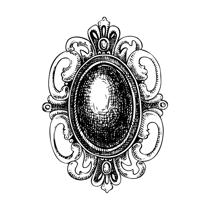 Victorian brooch vector sketch. Romantic gothic fashion illustration. Dark academia, vintage accessories. Hand drawn historical costume design. NOT AI generated