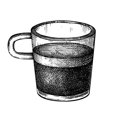 Morning coffee cup - hand-sketched illustration. Vector sketch of mug with aromatic espresso coffee. Hot drink hand-drawing isolated on white background