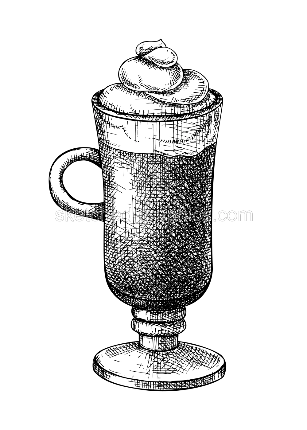 Morning coffee cup - hand-sketched illustration. Vector sketch of glass mug with aromatic mocha. Coffee with milk and cream sketch. Hot drink hand-drawing isolated on white background Illustration