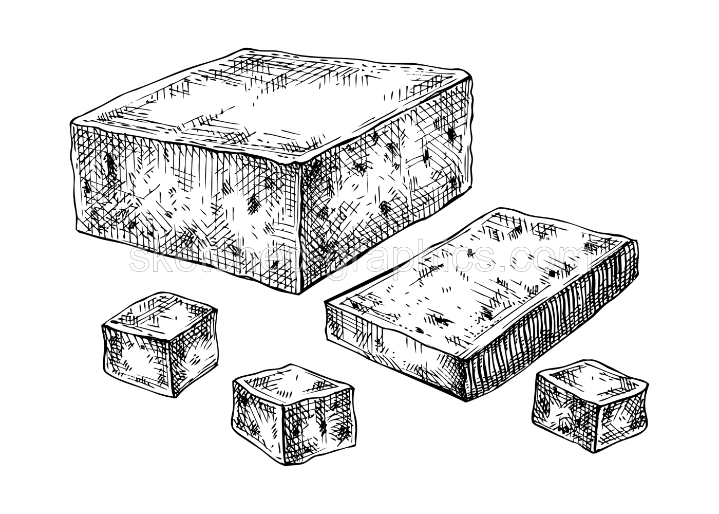 Tofu drawings set. Hand-sketched vegan food illustration. Asian food ingredients. Tofu sketch for packaging, menu, recipe, product design. Japan cuisine meal in vintage style Illustration