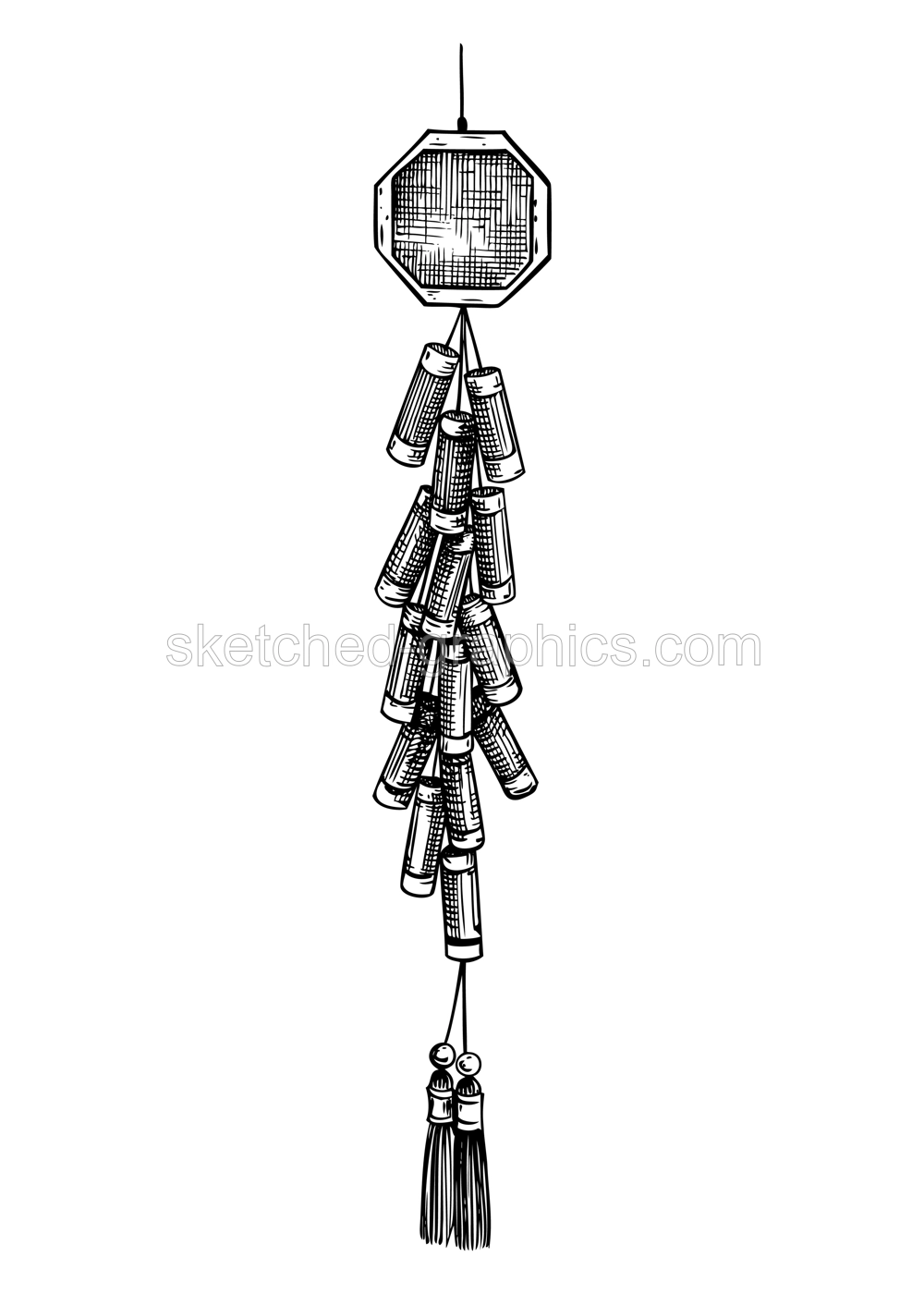 Chinese New Year firecracker sketck. Lunar new year decoration. China decor. Hand-drawn vector illustration. NOT AI generated Illustration