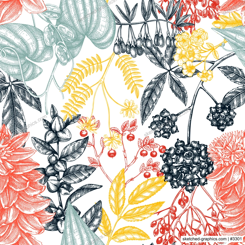 Adaptogenic plants seamless pattern. Hand-sketched medicinal herbs, weeds, berries, leaves vector background. Perfect for labels, packaging, wrapping paper, fabric. Botanical illustration in color