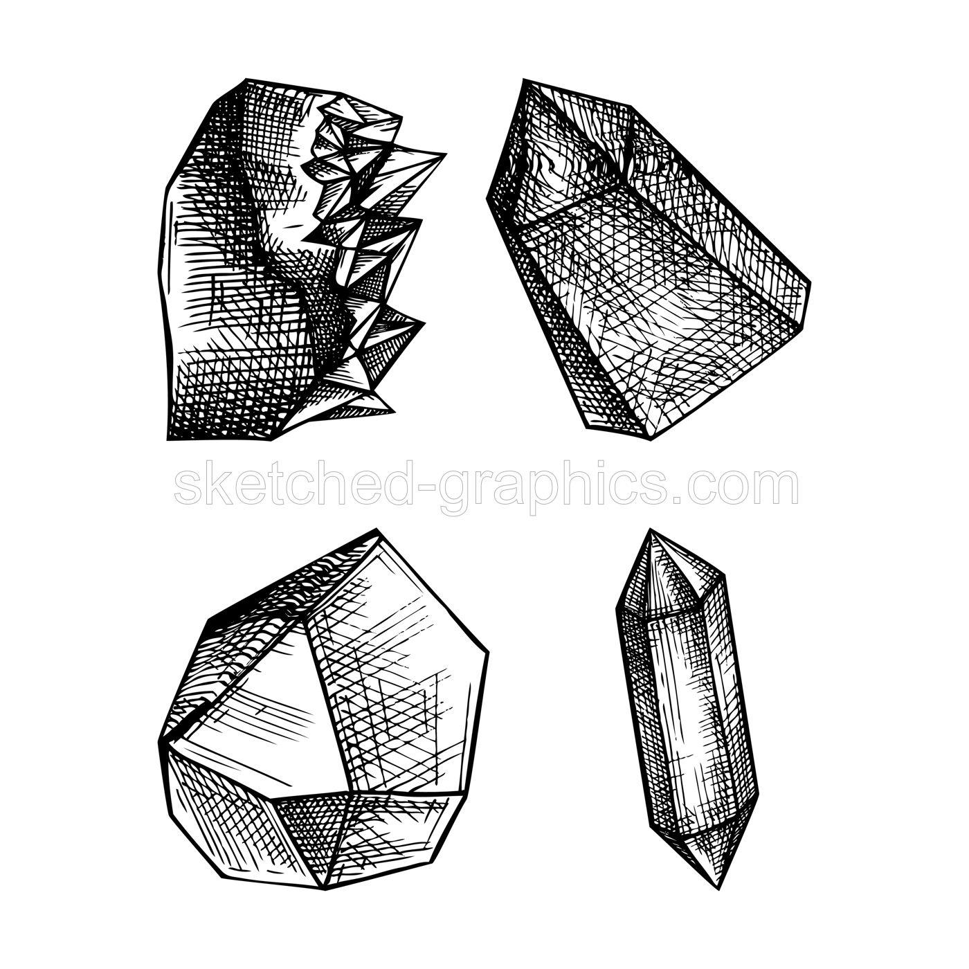 Hand-sketched crystal with mosaic texture illustrations set. Realistic objects - diamond shapes, crystals, gems vintage set. Illustration