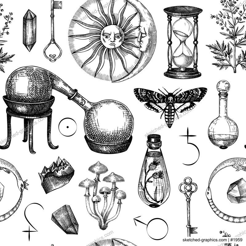 Vintage alchemical background. Popular esoteric symbols. Magic seamless pattern. Mystical design for tarot cards, banners, prints, tattoos, and fabrics. 