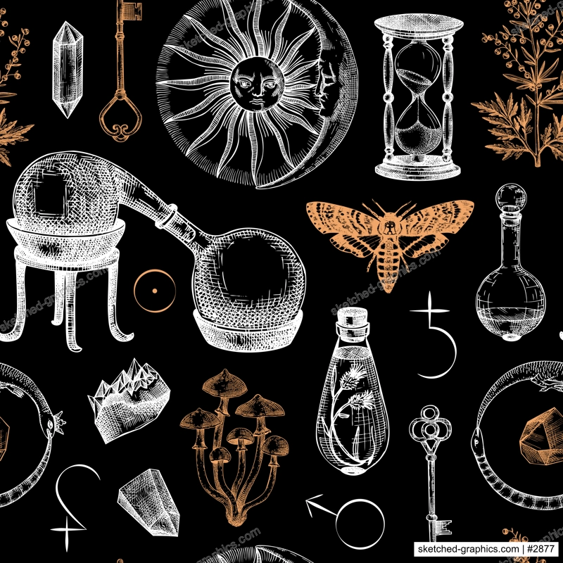Vintage alchemical background. Popular esoteric symbols. Magic seamless pattern. Mystical design for tarot cards, banners, prints, tattoos, and fabrics. 