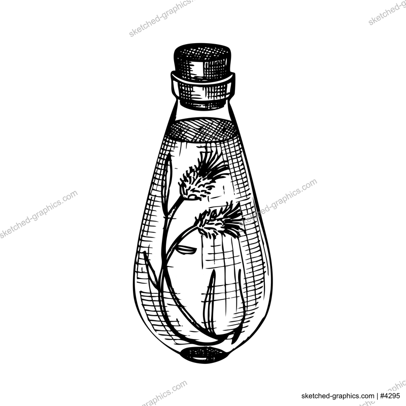 Hand sketched bottles with flower extract in vintage style. Glassware hand drawing for cosmetic or perfume. Alchemy laboratory equipment sketch. Magic, witchcraft and mysticism glassware illustration