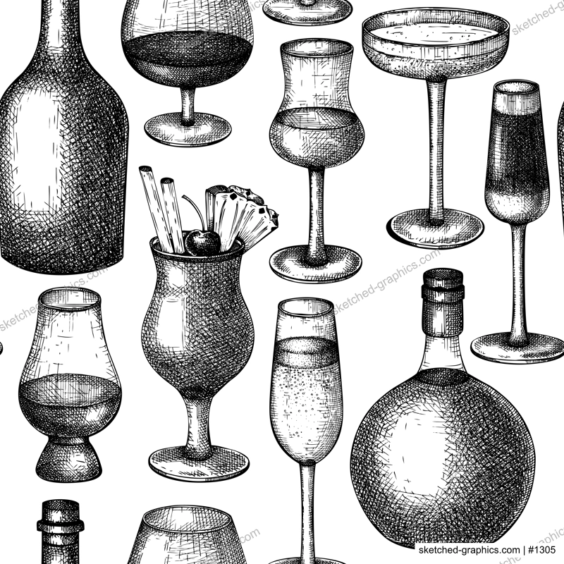 Alcoholic beverages seamless pattern. Hand-sketched alcoholic drinks glasses and bottles background. Popular alcohol drinks backdrop for bar or restaurant menu. Vintage bar design.