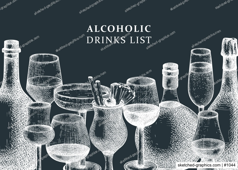 Vintage background with hand-sketched alcoholic drinks. Vector bottles and glasses hand-draw banner design. Alcoholic beverages template for bar or restaurant menu on chalkboard
