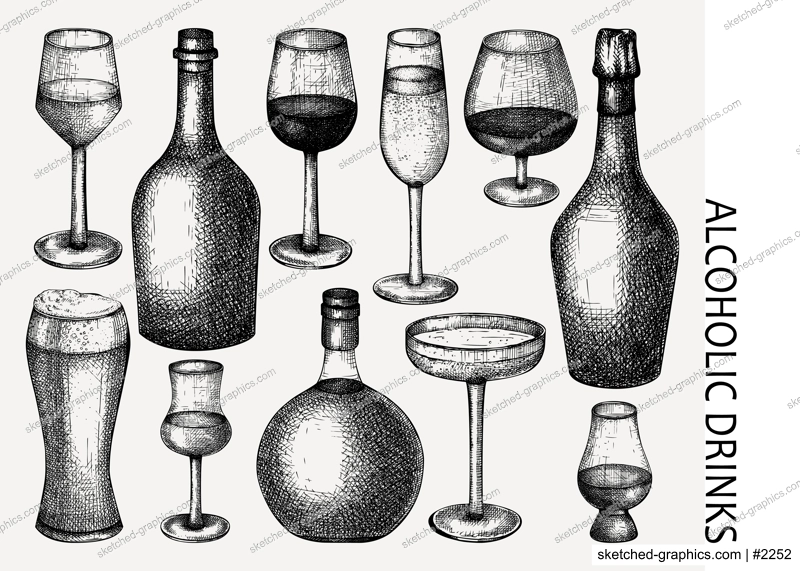 Alcoholic drinks glasses and bottles hand-drawing. Hand-sketched beverages set. Wine, champagne, brandy, whiskey collection. Vintage drinks vector illustration isolated on white background