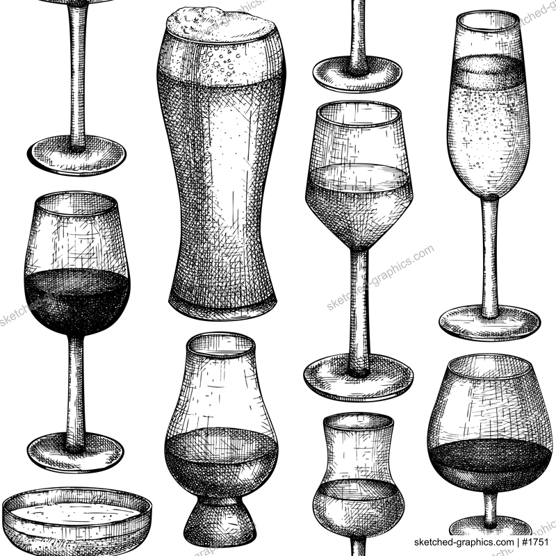 Alcoholic beverages seamless pattern. Hand-sketched alcoholic drinks glasses background. Popular alcohol drinks backdrop for bar or restaurant menu isolated on white background. Vintage bar design.