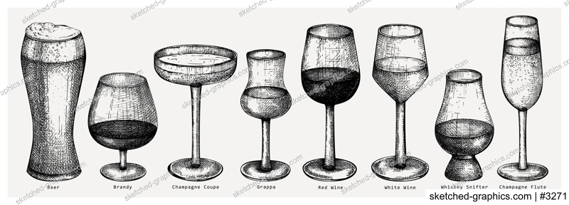 Hand-sketched alcoholic drinks illustrations set. Vector sketch of bar beverages in elegant glasses. Vintage drawing of popular alcohol drinks for pub, bar or restaurant menu isolated on white