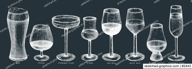 Hand-sketched alcoholic drinks illustrations set. Vector sketch of bar beverages in elegant glasses on chalkboard. Vintage drawing of popular alcohol drinks for pub, bar or restaurant menu design