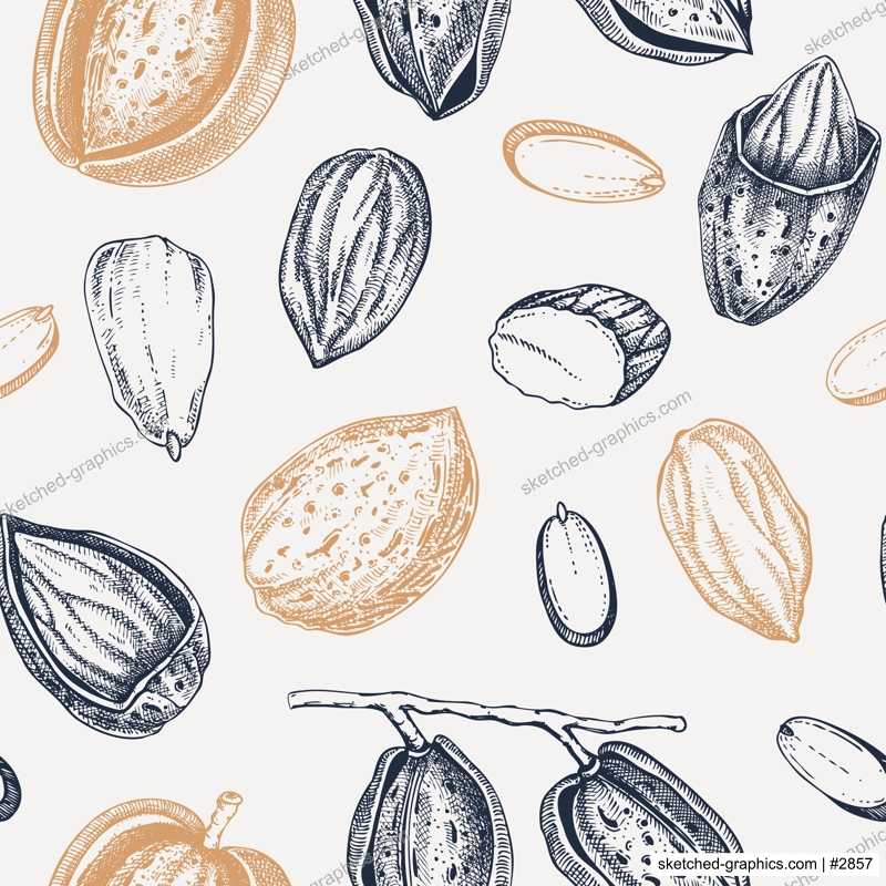 Almond sketched background. Nuts seamless pattern. Vintage branches with nuts, nutshells, almond slices sketches. Hand drawn vector illustration. Healthy food, vegan ingredients, packaging design