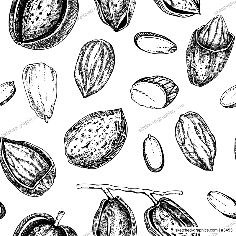 Almond sketched background. Nuts seamless pattern. Vintage branches with nuts, nutshells, almond slices sketches. Hand drawn vector illustration. Healthy food, vegan ingredients, packaging design