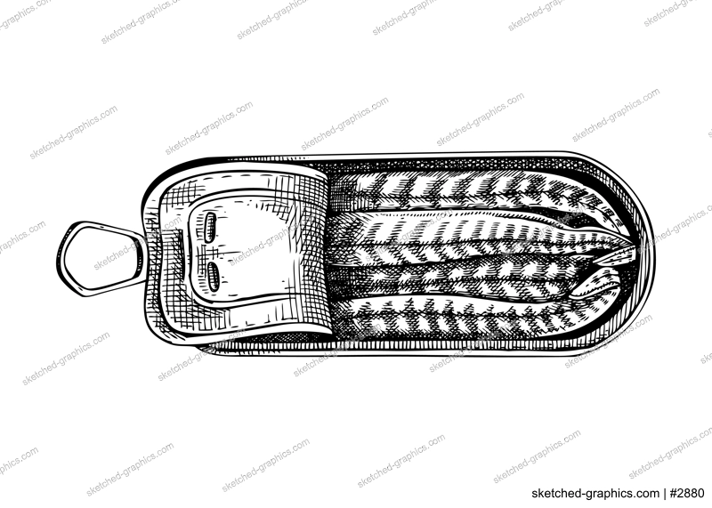 Hand drawn canned fish illustration. Anchovies vector drawing isolated on white background. Tinned anchovy food sketch. Opened tin can with seafood for restaurant menu or product design
