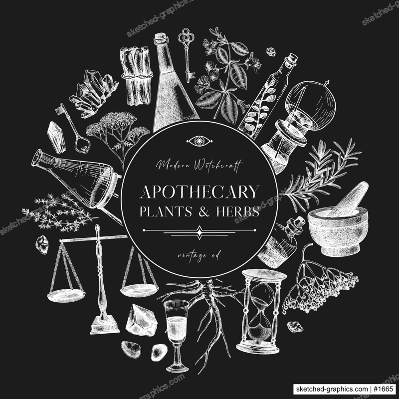 Antique apothecary hand-drawn vector illustrations. Alchemy sketches on chalkboard. Vintage chemistry wreath design. NOT AI generated