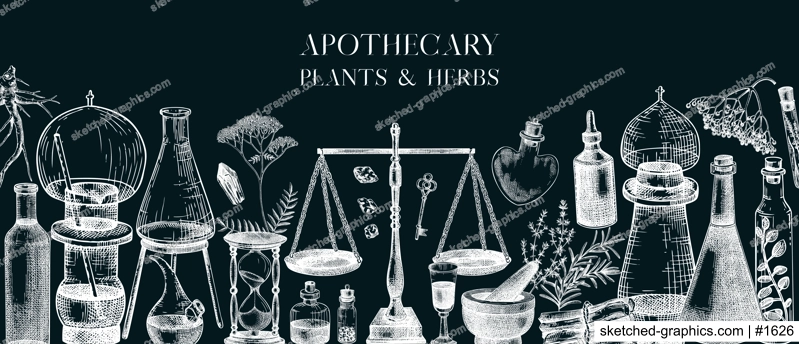 Antique apothecary banner. Medicinal herbs background. Hand-drawn vector illustrations. Alchemy glassware sketches on chalkboard. NOT AI generated