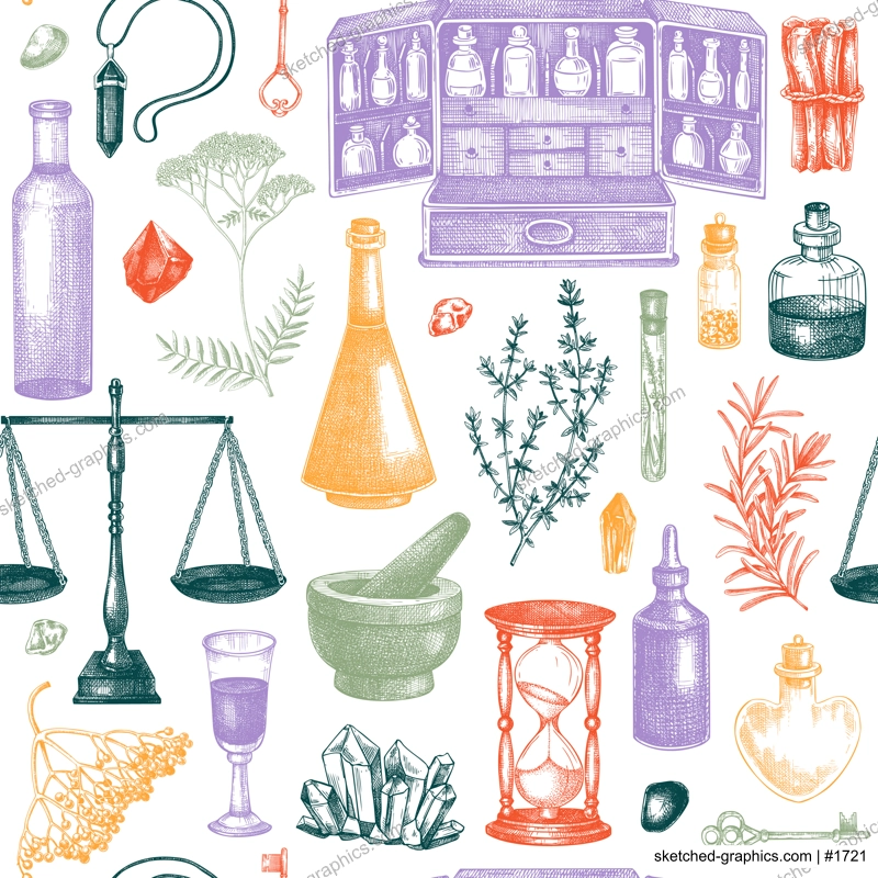 Antique apothecary background. Herbal medicine hand-drawn vector illustrations. Alchemy seamless pattern. Vintage chemistry design. NOT AI generated