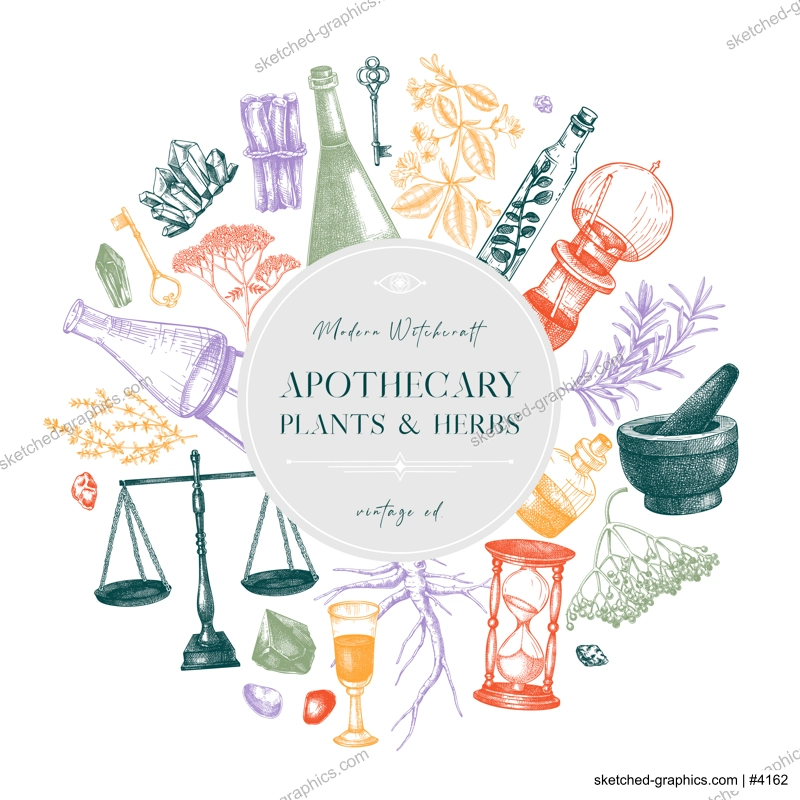 Antique apothecary wreath. Hand-drawn vector illustrations. Alchemy sketches. Witchcraft background. Chemistry flyer design. NOT AI generated
