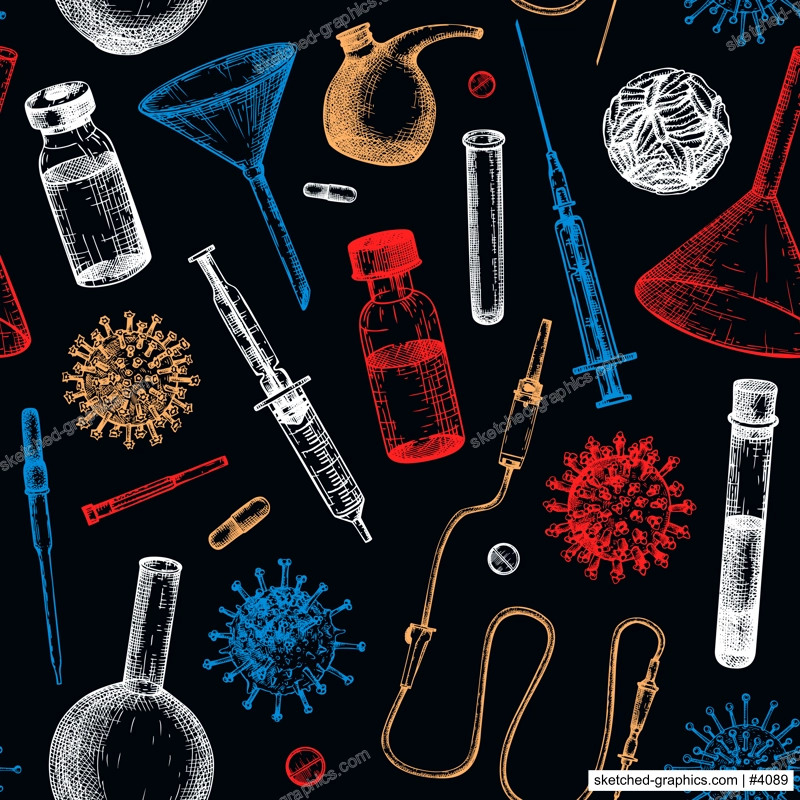 Antiviral therapy and vaccination background. Hand drawn vector illustrations. Vaccine in bottles, laboratory equipment, different virus sketches. Medicine seamless pattern . Covid-19 drawing 