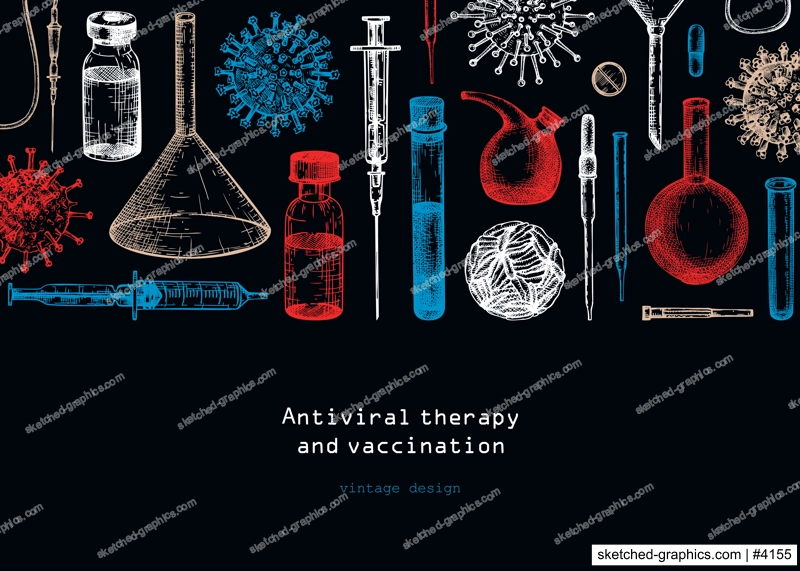 Antiviral therapy and vaccination backgroundt. Hand drawn vector illustrations. Vaccine in bottles, laboratory equipment, different virus sketches. Medical banner design template. Covid-19 drawing 