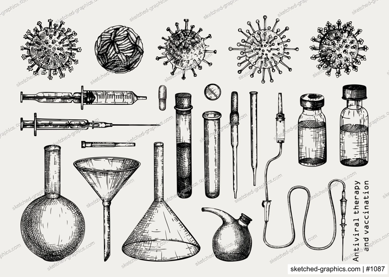 Antiviral therapy and vaccination set. Hand drawn vector illustrations. Vaccine in bottles, laboratory equipment, different virus sketches. Medical design elements. Covid-19 drawing 