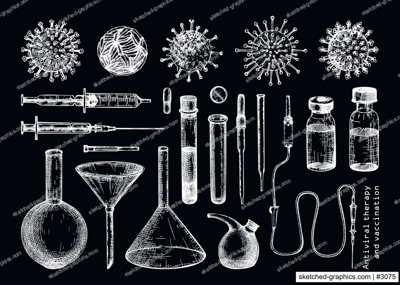 Antiviral therapy and vaccination set. Hand drawn vector illustrations. Vaccine in bottles, laboratory equipment, different virus sketches. Medical design elements. Covid-19 drawing on chalkboard
