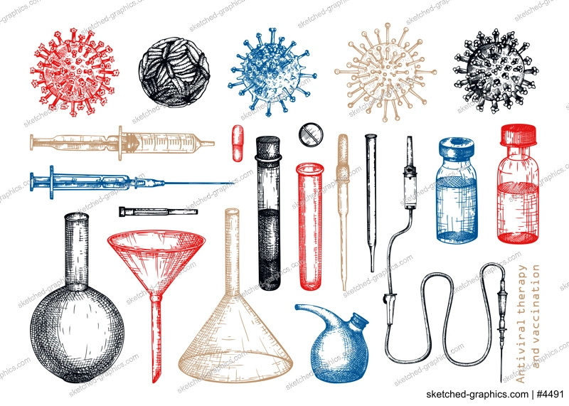 Antiviral therapy and vaccination set. Hand drawn vector illustrations. Vaccine in bottles, laboratory equipment, different virus sketches. Medical design elements. Covid-19 drawing 