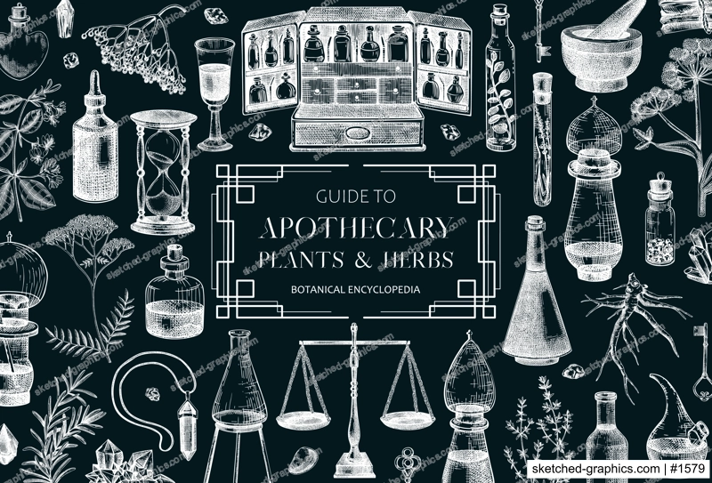 Antique apothecary background design. Herbal medicin hand-drawn vector illustrations. Alchemy sketches on chalkboard. Vintage chemistry banner. NOT AI generated