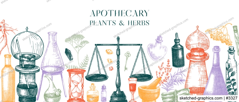 Antique apothecary banner. Medicinal herbs background. Hand-drawn vector illustrations. Alchemy glassware sketches in color. NOT AI generated