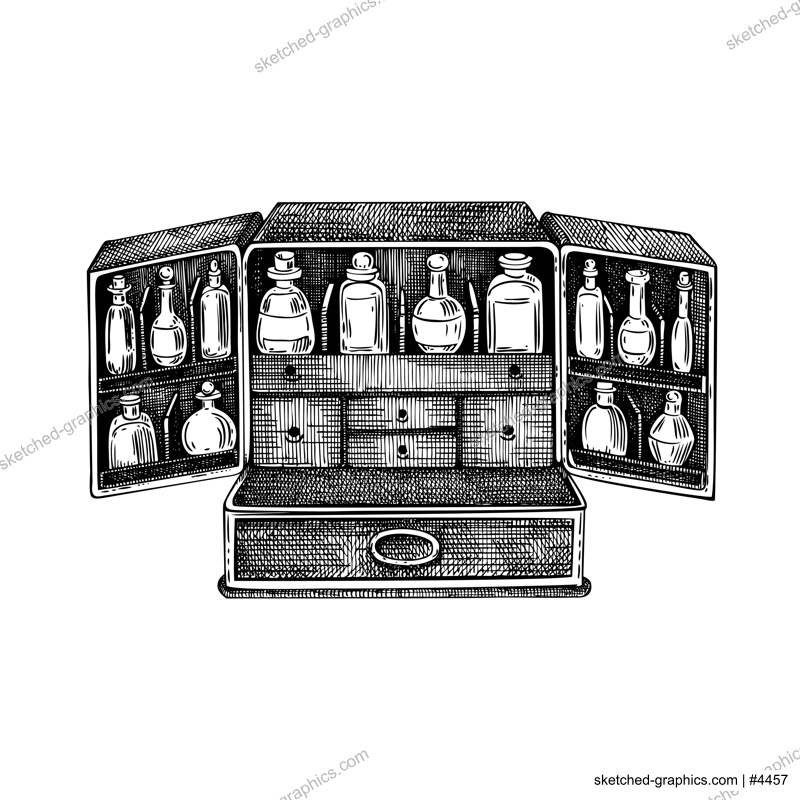 Apothecary box sketch. Antique wooden organizer. Witchcraft vector illustration. Vintage Halloween design element. Hand-drawn alchemy, esoteric symbol. NOT AI generated
