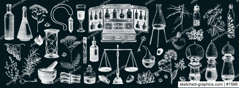 Vinatge apothecary hand-drawn vector illustrations. Antique apothecary box, scales, glassware, medicinal herb and healing plants sketches on chalkboard. NOT AI generated