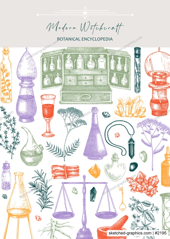 Antique apothecary flyer design. Herbal medicine hand-drawn vector illustrations. Alchemy sketches in color. NOT AI generated