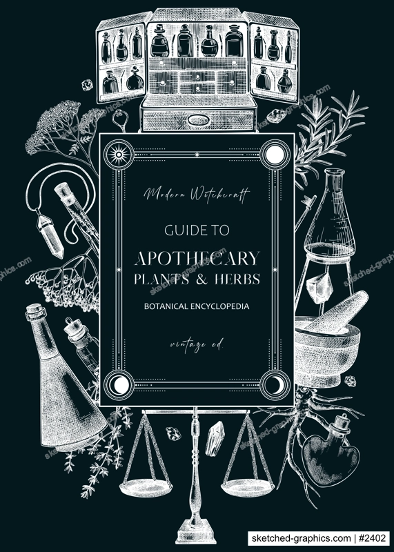 Antique apothecary frame on chalkboard. Hand-drawn vector illustrations. Alchemy glassware, medicinal herbs sketches. Witchraft banner, card, invitation, flyer design. NOT AI generated